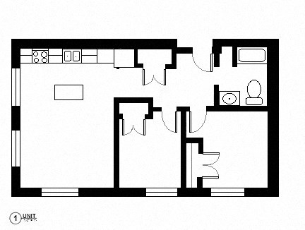 Floor plan for 2 beds, 1 bath